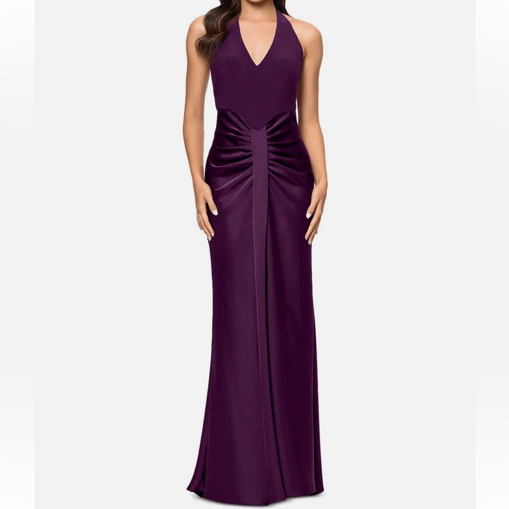 NEW AQUA Deep Plum Halter Ruched Satin Maxi Dress - Size 2